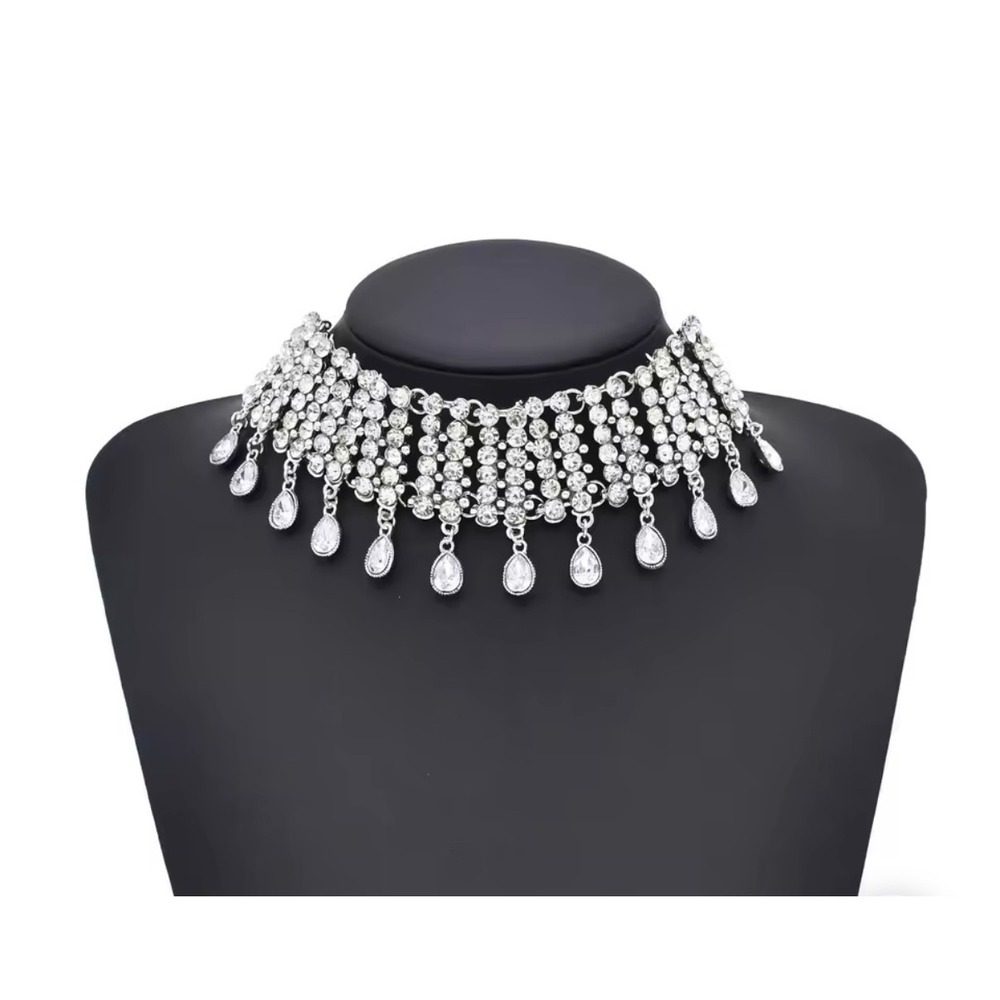 Silver Rhinestone Crystal Statement Choker Necklace Teardrop Y2K Bridal